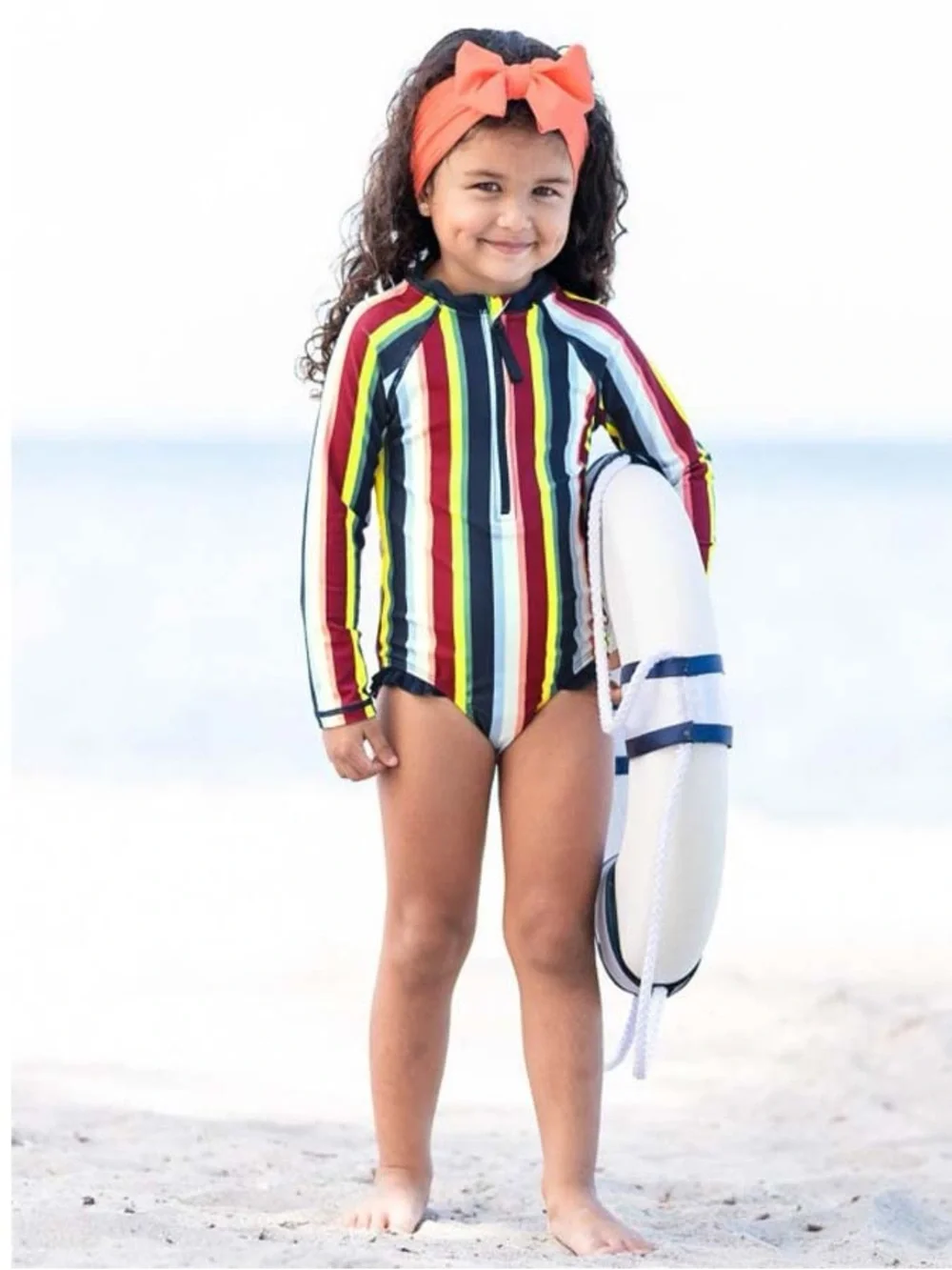 Ruffle Butts Girls Sunset Stripe Long Sleeve One Piece Rash Guard Girls Size 8